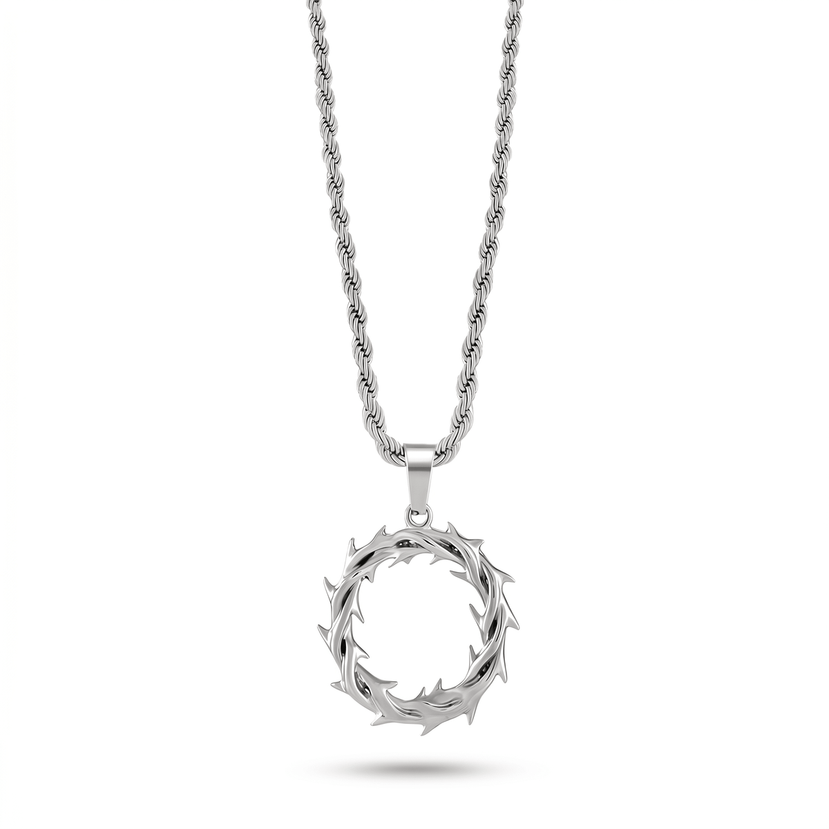 Silver Crown of Thorns Necklace on white background