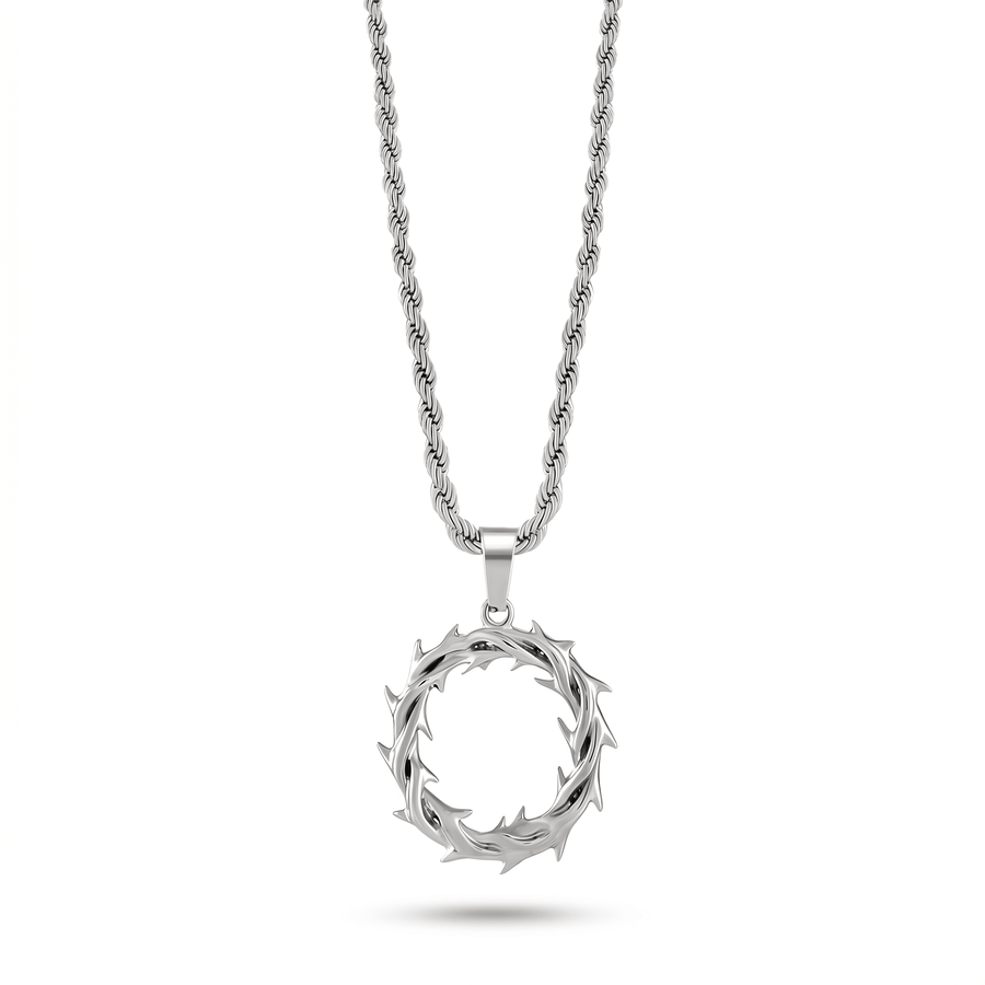 Silver Crown of Thorns Necklace on white background
