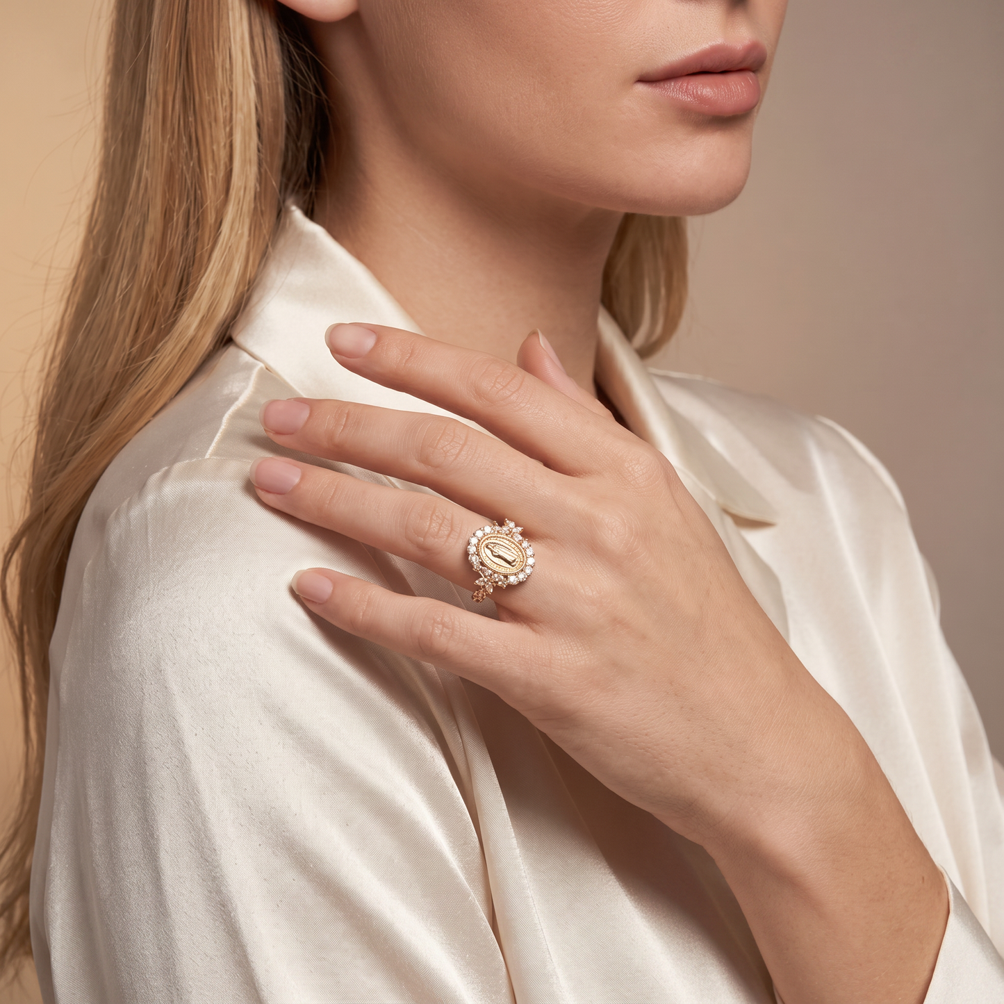 Elegant Virgin Mary Emblem Ring